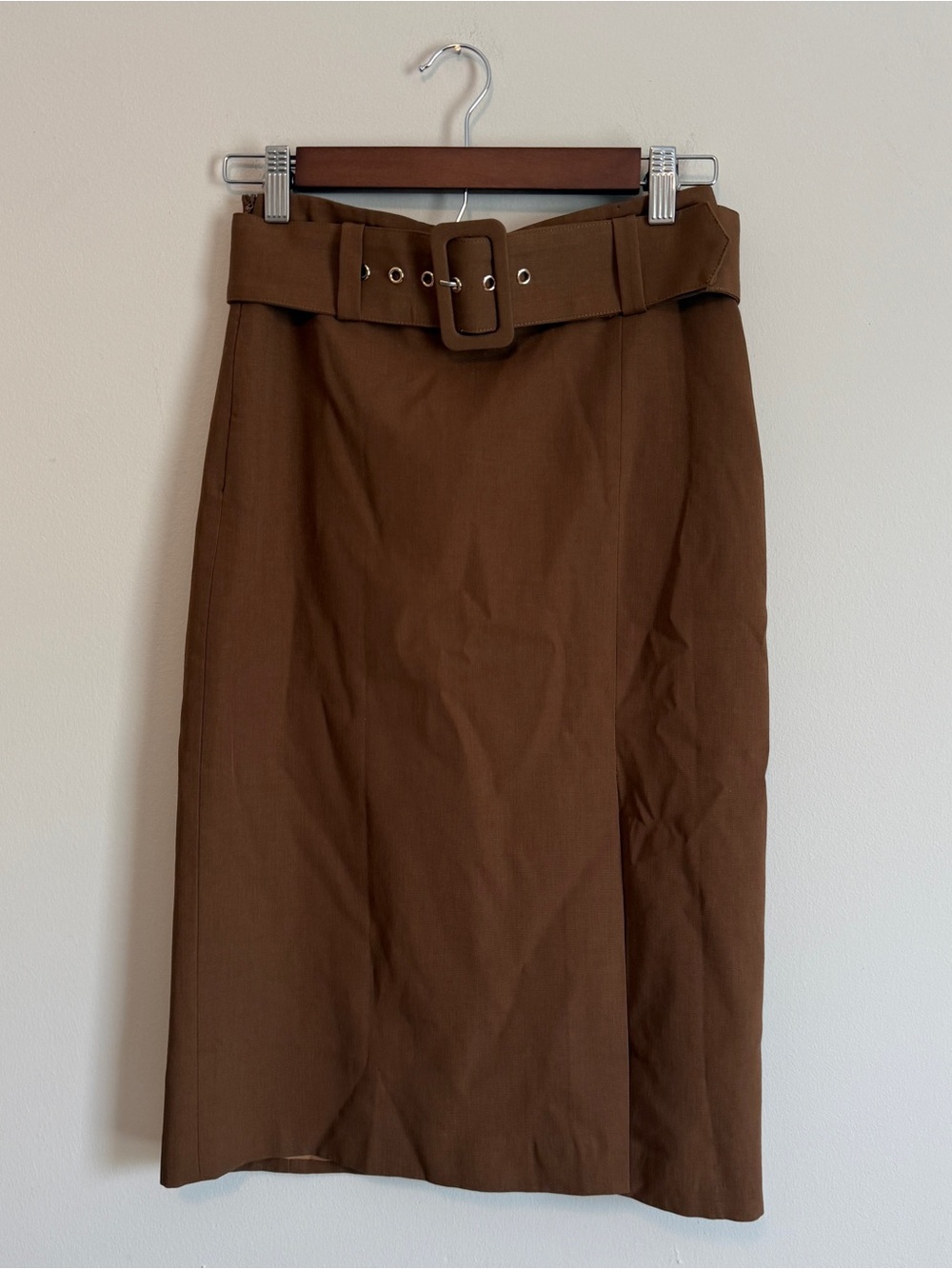 Brown Wool Blend Belted Pencil Skirt Women XS Slit French Minimalist Work Staple